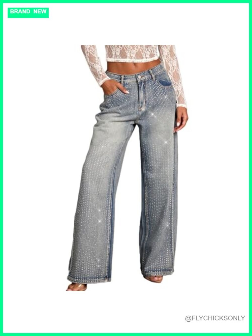 Rhinestone High Waisted Wide Leg Jeans Stretch Denim Women's Party Streetwear